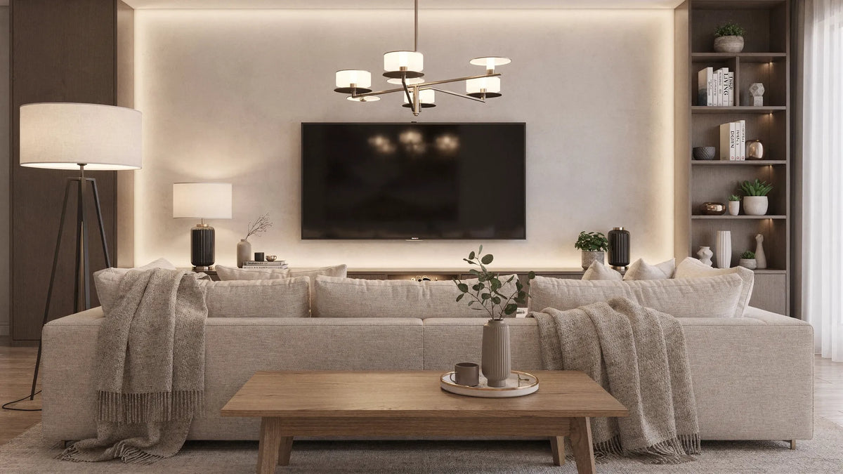 Welche Wohnzimmerlampe passt zu Sofa, TV und Couchtisch?
